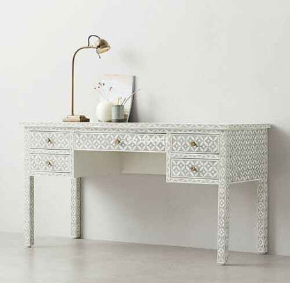 Bone Inlay Console Table with 5 Storage Drawers Handcrafted Solid Wood Entryway Table Intricate Design Elegant Accent Furniture for Hallway, Living Room or Bedroom Décor
