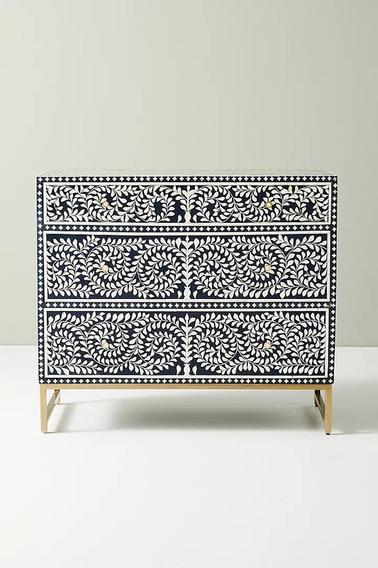 Bone inlay Chest of Drawer Sideboard |Scroll Vine Inlay Three-Drawer Dresser Floral Design