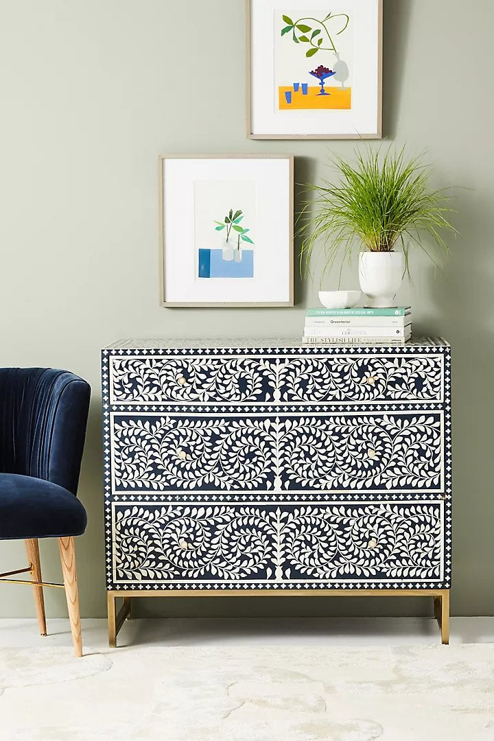 Bone inlay Chest of Drawer Sideboard |Scroll Vine Inlay Three-Drawer Dresser Floral Design