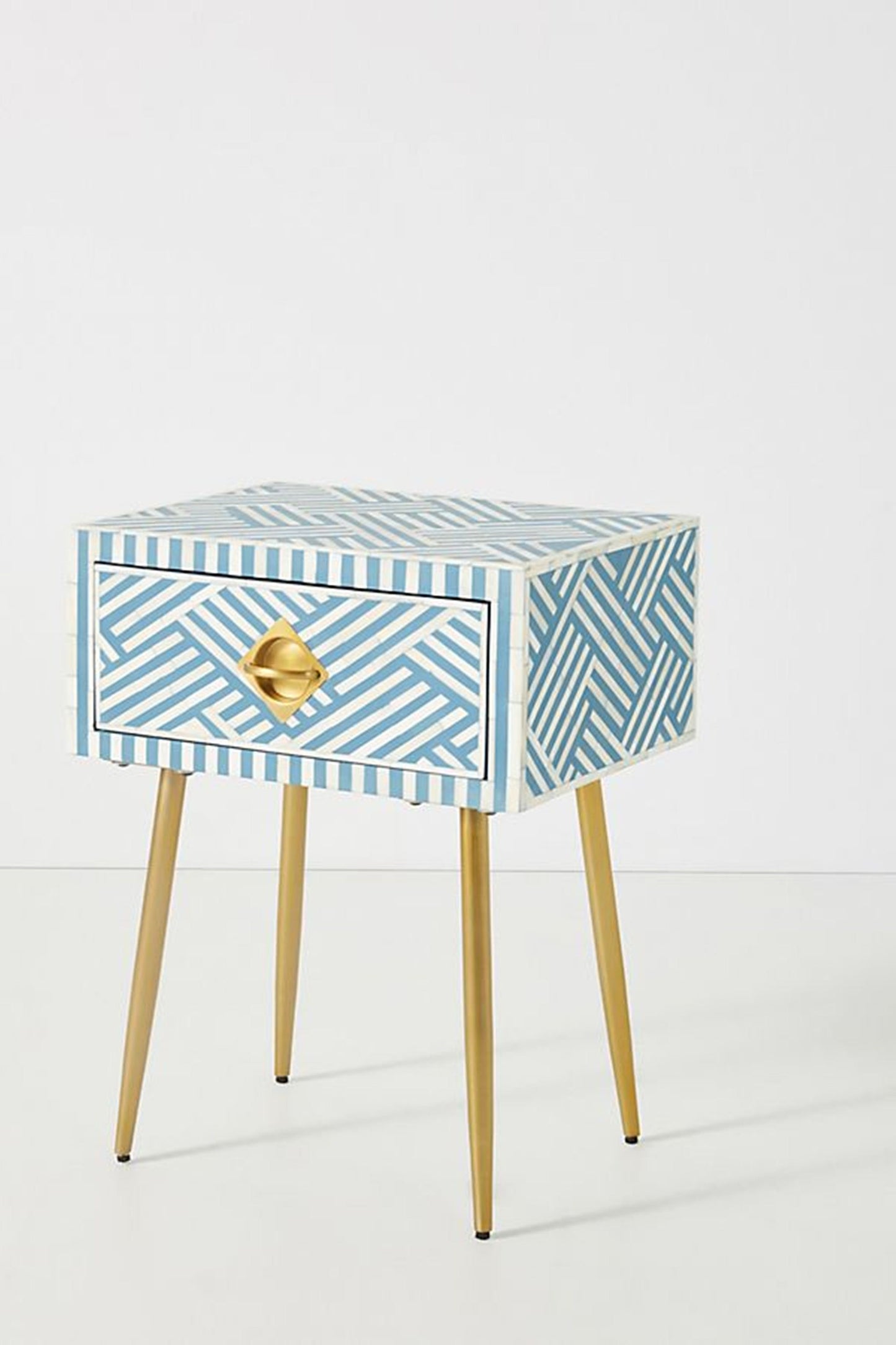 Handmade Bone Inlay Modern Geometric Strip Pattern Bedside Table with 1 Drawer for Home and Office Decor