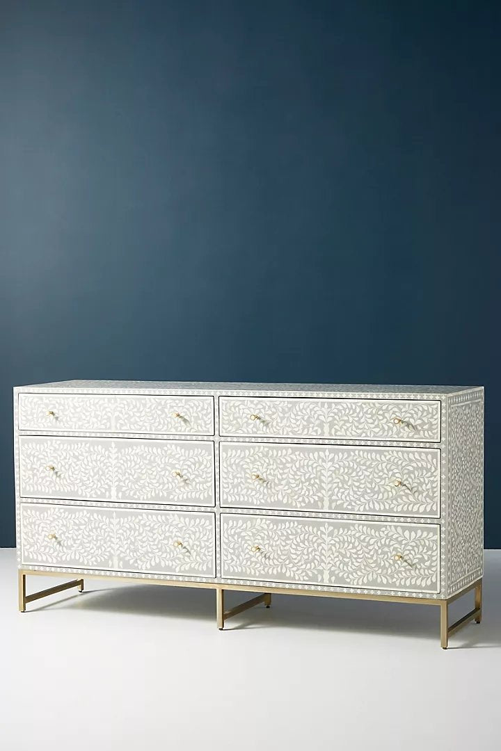 Bone Inlay Chest of 6 Drawers | Scroll Vine Inlay Six-Drawer Dresser