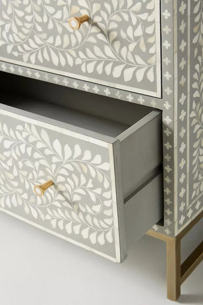 Bone Inlay Chest of 6 Drawers | Scroll Vine Inlay Six-Drawer Dresser