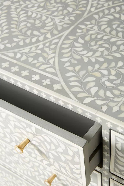 Bone Inlay Chest of 6 Drawers | Scroll Vine Inlay Six-Drawer Dresser