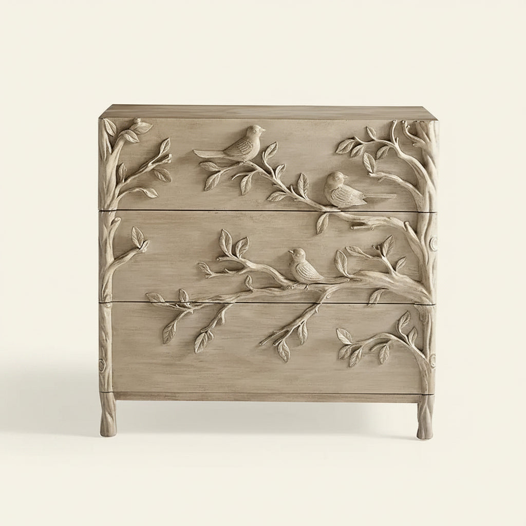 Hand carved Ornithology Three-Drawer Dresser | Modern dresser Chest of 3 drawers