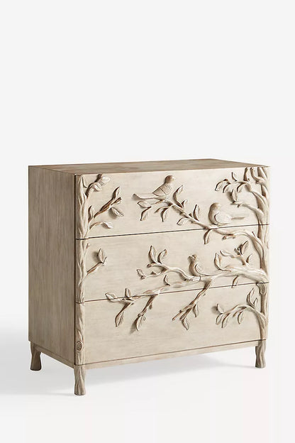 Hand carved Ornithology Three-Drawer Dresser | Modern dresser Chest of 3 drawers