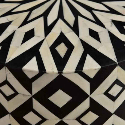 Bone Inlay End Table Handmade Indian Side Table with Intricate Diamond Lattice Pattern Design Decorative Accent Furniture for Bedroom, Living Room or Entryway Boho Home Décor