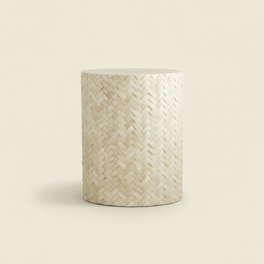 Bone Inlay End Table Handmade Decorative Side Table with Intricate Herringbone Weave Pattern Indian Artisan Accent Furniture for Living Room, Bedroom or Entryway Boho Style Décor