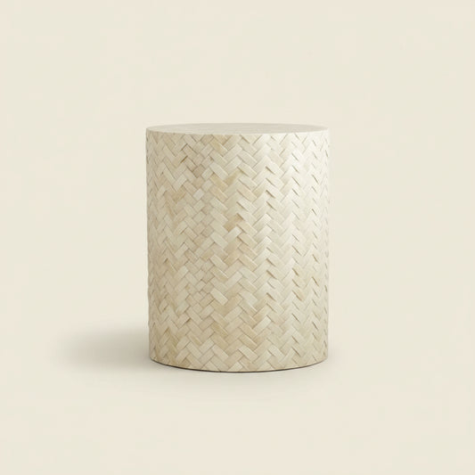 Bone Inlay End Table Handmade Decorative Side Table with Intricate Herringbone Weave Pattern Indian Artisan Accent Furniture for Living Room, Bedroom or Entryway Boho Style Décor