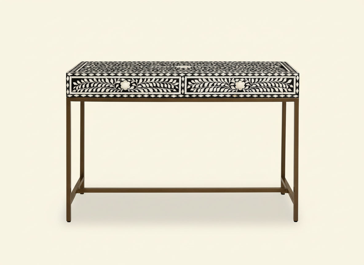 Bone Inlay Console Table Handmade Solid Wood Entryway Table with Intricate Floral Design 2 Storage Drawers for Elegant Home Décor