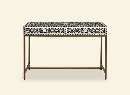 Bone Inlay Console Table Handmade Solid Wood Entryway Table with Intricate Floral Design 2 Storage Drawers for Elegant Home Décor
