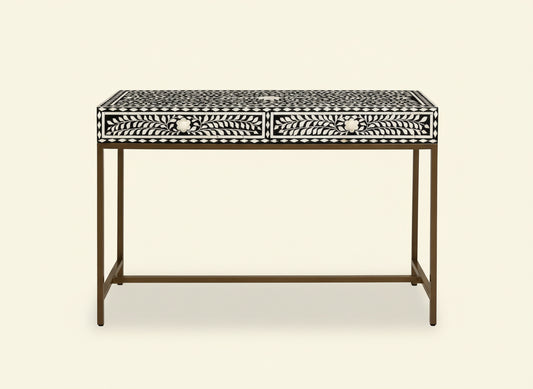 Bone Inlay Console Table Handmade Solid Wood Entryway Table with Intricate Floral Design 2 Storage Drawers for Elegant Home Décor