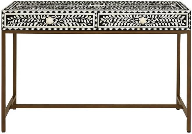 Bone Inlay Console Table Handmade Solid Wood Entryway Table with Intricate Floral Design 2 Storage Drawers for Elegant Home Décor