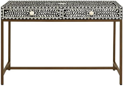 Bone Inlay Console Table Handmade Solid Wood Entryway Table with Intricate Floral Design 2 Storage Drawers for Elegant Home Décor