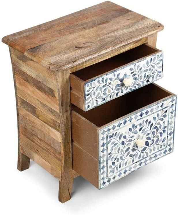Handcrafted Bone Inlay Bedside Table with 2 Drawers Elegant Nightstand with Ample Storage Floral Pattern Accent Furniture for Bedroom, Living Room or Entryway Artisan-Made Wood Cabinet
