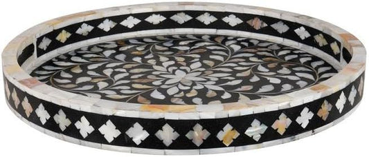 Hansa Handmade Round Mother of Pearl Inlay Serving Tray Floral Pattern Decorative Platter
