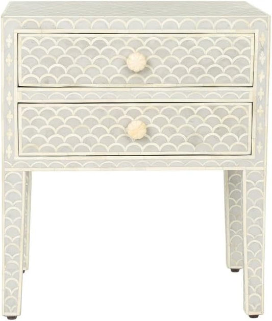 Bone Inlay Bedside Table with 2 Drawers Handcrafted Nightstand with Scallop Pattern and Storage Elegant Accent Furniture for Bedroom, Living Room or Entryway Décor