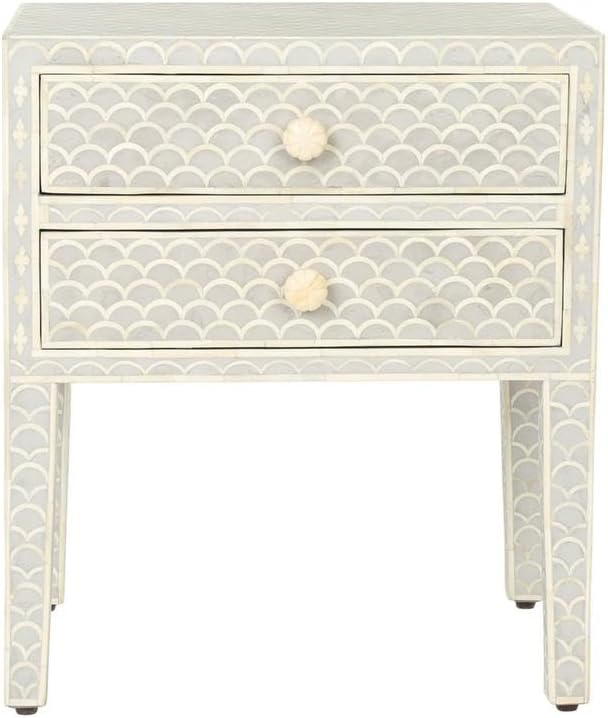 Bone Inlay Bedside Table with 2 Drawers Handcrafted Nightstand with Scallop Pattern and Storage Elegant Accent Furniture for Bedroom, Living Room or Entryway Décor