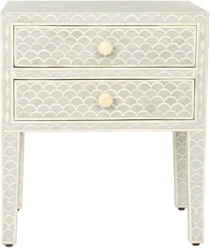 Bone Inlay Bedside Table with 2 Drawers Handcrafted Nightstand with Scallop Pattern and Storage Elegant Accent Furniture for Bedroom, Living Room or Entryway Décor