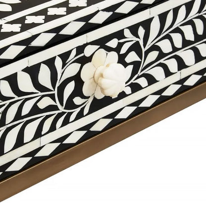 Bone Inlay Console Table Handmade Solid Wood Entryway Table with Intricate Floral Design 2 Storage Drawers for Elegant Home Décor