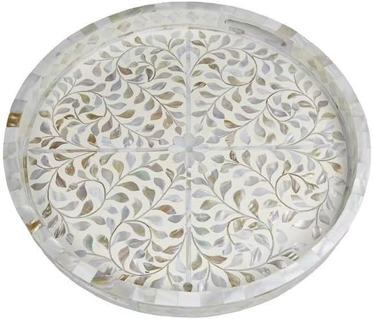 Hansa Handmade Round Mother of Pearl Inlay Serving Tray Floral Pattern Decorative Platter Basket Tray