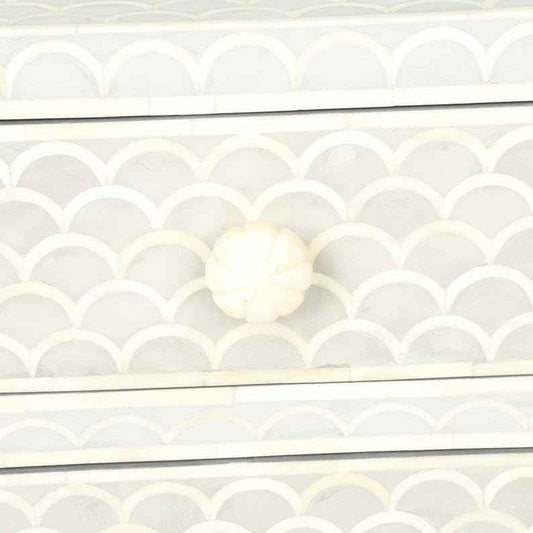 Bone Inlay Bedside Table with 2 Drawers Handcrafted Nightstand with Scallop Pattern and Storage Elegant Accent Furniture for Bedroom, Living Room or Entryway Décor