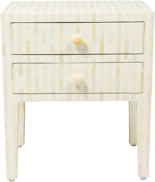Bone Inlay Bedside Table with 2 Drawers Handcrafted Nightstand with Storage and Intricate Design Stylish Accent Furniture for Bedroom, Living Room or Entryway Décor