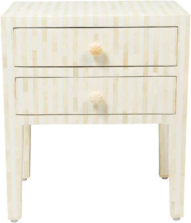 Bone Inlay Bedside Table with 2 Drawers Handcrafted Nightstand with Storage and Intricate Design Stylish Accent Furniture for Bedroom, Living Room or Entryway Décor