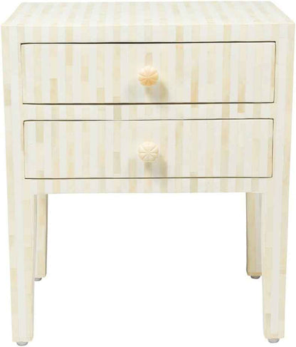 Bone Inlay Bedside Table with 2 Drawers Handcrafted Nightstand with Storage and Intricate Design Stylish Accent Furniture for Bedroom, Living Room or Entryway Décor