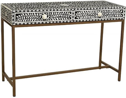 Bone Inlay Console Table Handmade Solid Wood Entryway Table with Intricate Floral Design 2 Storage Drawers for Elegant Home Décor