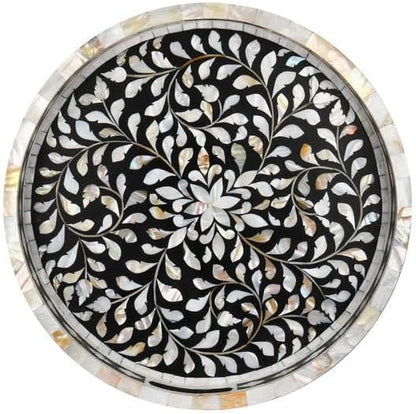 Hansa Handmade Round Mother of Pearl Inlay Serving Tray Floral Pattern Decorative Platter