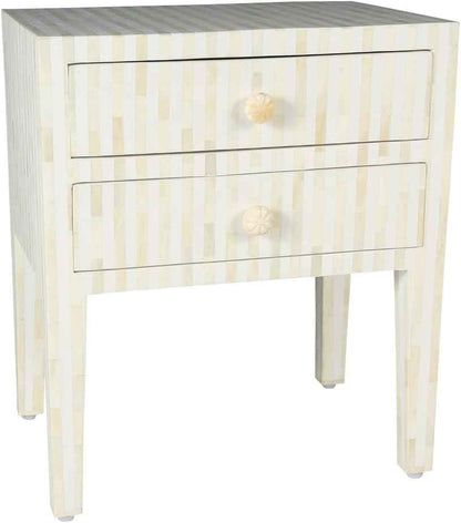 Bone Inlay Bedside Table with 2 Drawers Handcrafted Nightstand with Storage and Intricate Design Stylish Accent Furniture for Bedroom, Living Room or Entryway Décor