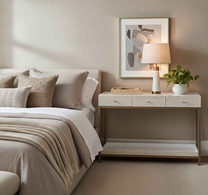 Modern Bone Inlay Console Table with 3 Drawers Handcrafted Floral Inlay on Solid Wood Entryway Accent Furniture for Hallway, Living Room or Bedroom