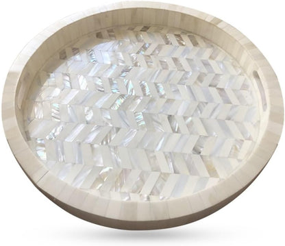 Hansa Handmade Round Mother of Pearl Inlay Serving Tray Floral Pattern Decorative Platter