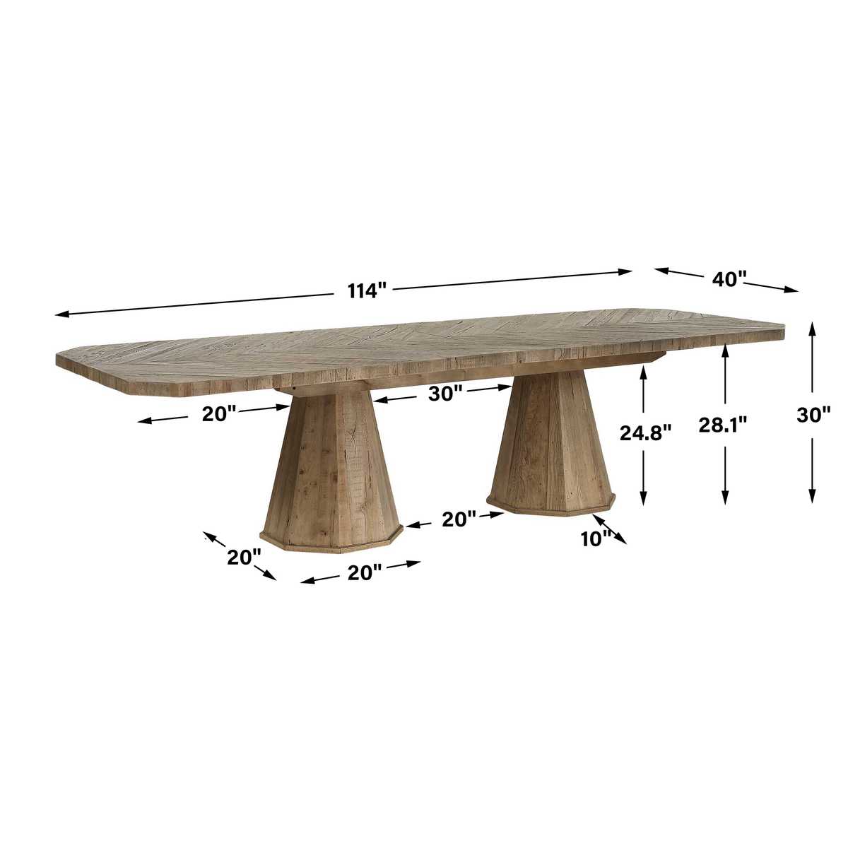 Wooden dining table with dimensions labeled on a white background