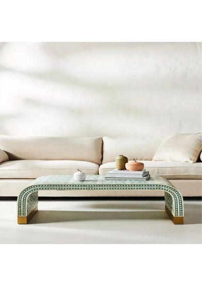 Bone Inlay Moroccan Design Waterfall Coffee Table Green, Bone Inlay Moroccan Design Waterfall Center Table Green, Bone Inlay Table.