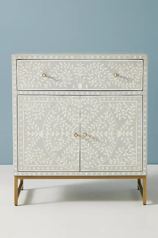 Bone Inlay Floral Design Sideboard | Scroll Vine Inlay Entryway Cabinet