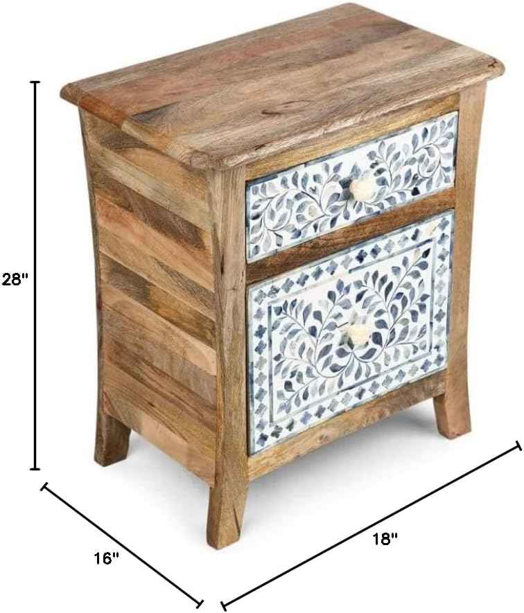 Handcrafted Bone Inlay Bedside Table with 2 Drawers Elegant Nightstand with Ample Storage Floral Pattern Accent Furniture for Bedroom, Living Room or Entryway Artisan-Made Wood Cabinet