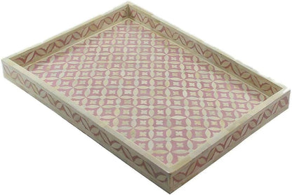 Hansa Handmade Bone Inlay Serving Tray Rectangle Tray Geometrical Pattern Decorative Platter Basket Tray for Ottoman