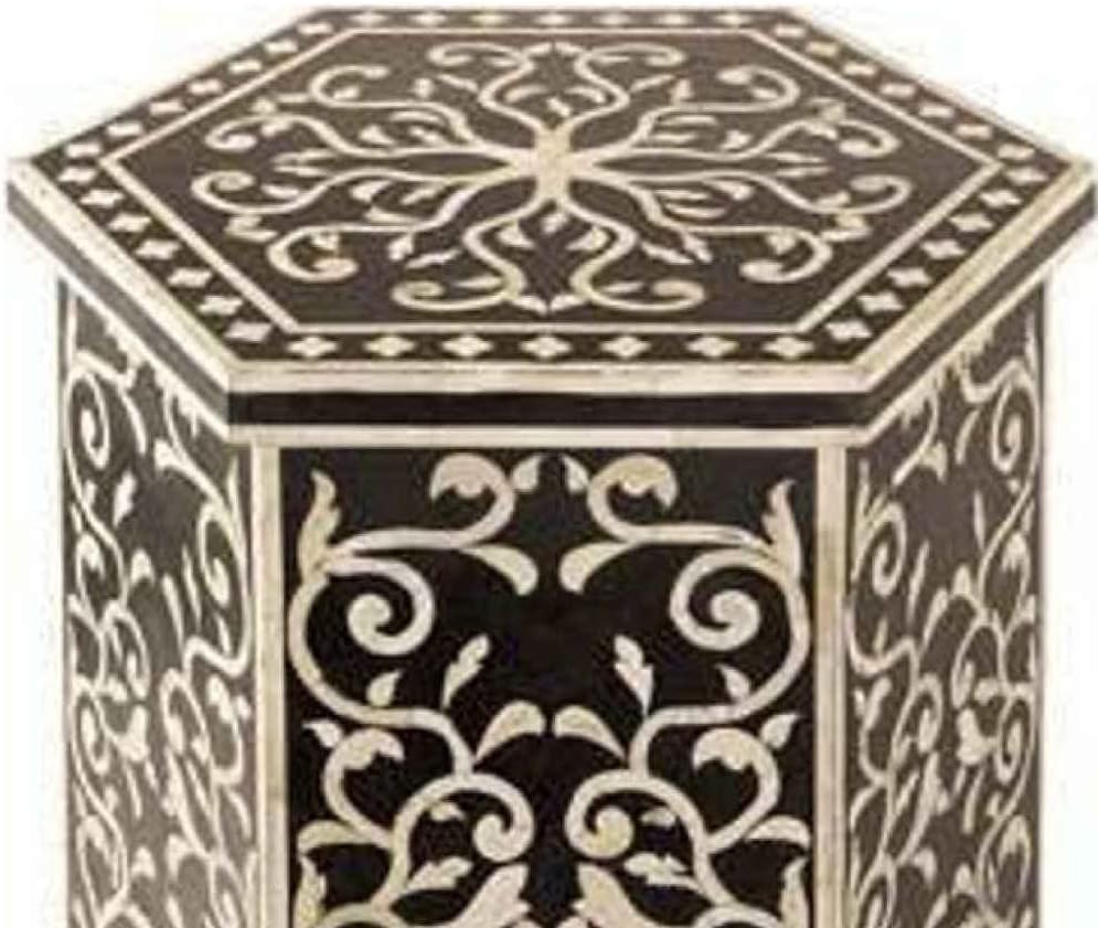 Bone Inlay End Table Handmade Indian Side Table with Mughal floral arabesque art Inlay Design Decorative Boho Accent Furniture for Living Room, Bedroom or Entryway