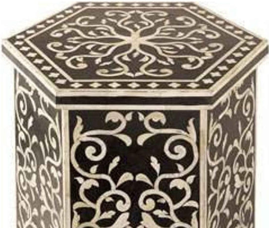 Bone Inlay End Table Handmade Indian Side Table with Mughal floral arabesque art Inlay Design Decorative Boho Accent Furniture for Living Room, Bedroom or Entryway