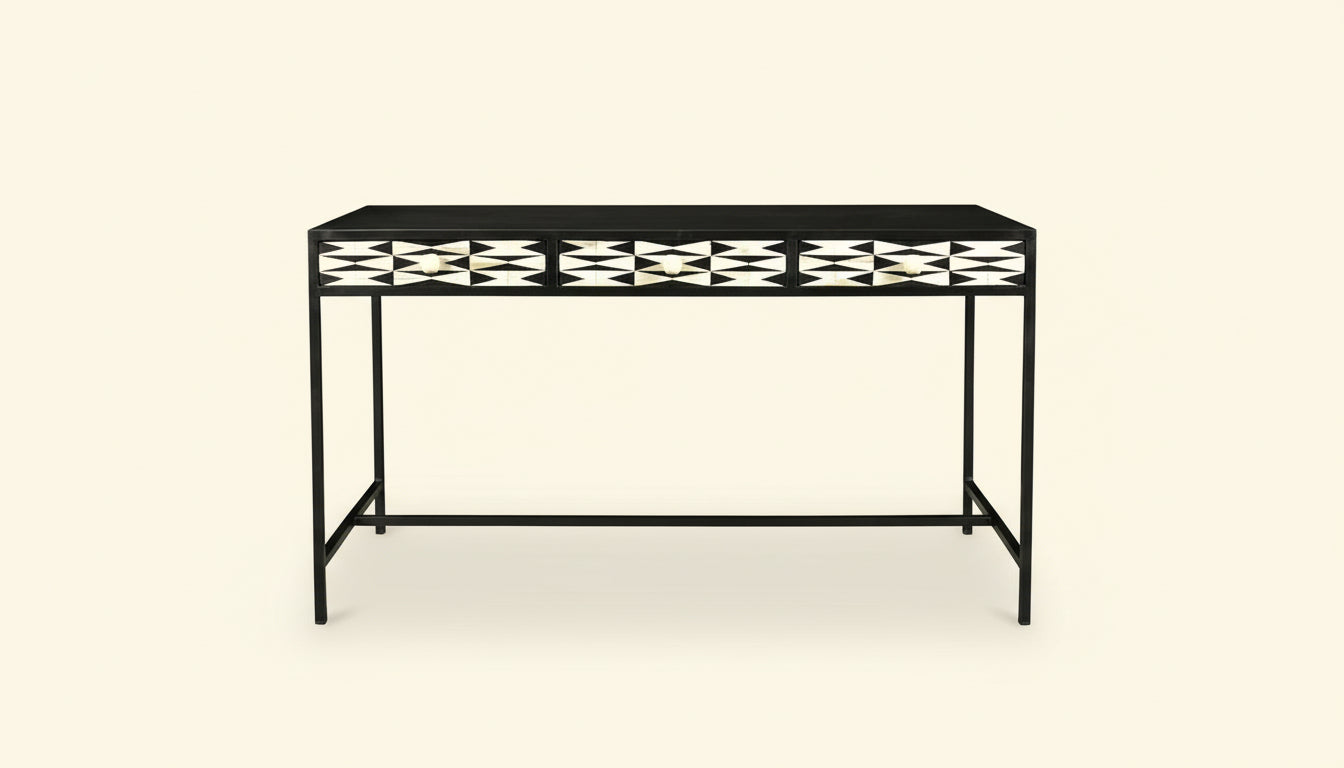 Console table with black and white geometric pattern on a white background