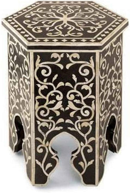 Bone Inlay End Table Handmade Indian Side Table with Mughal floral arabesque art Inlay Design Decorative Boho Accent Furniture for Living Room, Bedroom or Entryway