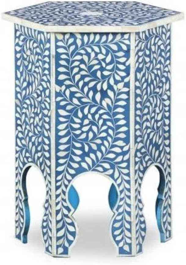 Bone Inlay End Table Handmade Indian Side Table with Intricate Floral Inlay Decorative Boho Accent Table for Living Room, Bedroom or Entryway