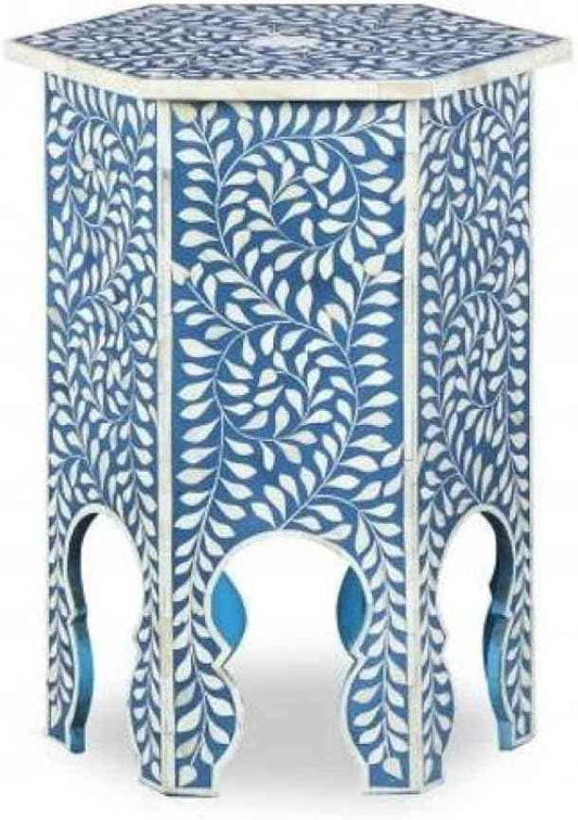 Bone Inlay End Table Handmade Indian Side Table with Intricate Floral Inlay Decorative Boho Accent Table for Living Room, Bedroom or Entryway