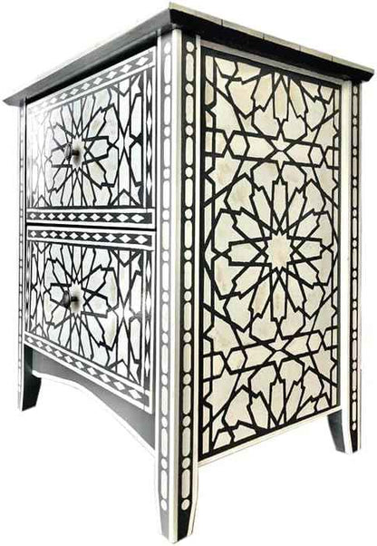 Bone Inlay Bedside Table Handcrafted Nightstand with Intricate Floral Design and Storage Drawer – Elegant Accent Furniture for Bedroom Décor