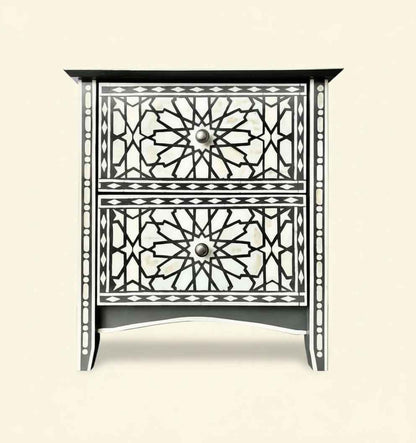 Bone Inlay Bedside Table Handcrafted Nightstand with Intricate Floral Design and Storage Drawer – Elegant Accent Furniture for Bedroom Décor
