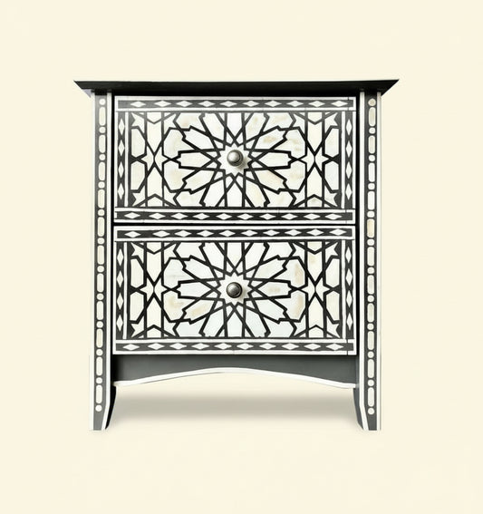 Decorative cabinet with geometric mosaic design on a white background