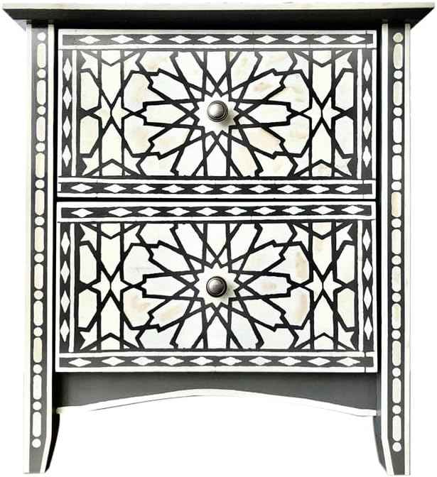 Bone Inlay Bedside Table Handcrafted Nightstand with Intricate Floral Design and Storage Drawer – Elegant Accent Furniture for Bedroom Décor