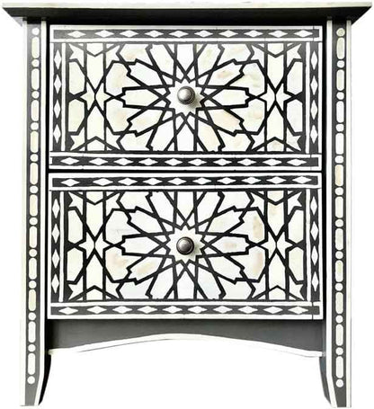 Bone Inlay Bedside Table Handcrafted Nightstand with Intricate Floral Design and Storage Drawer – Elegant Accent Furniture for Bedroom Décor