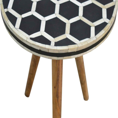 Bone Inlay End Table Handmade Accent Side Table with Intricate Honeycomb Pattern Indian Artisan Furniture for Bedroom, Living Room or Entryway Boho & Modern Home Décor